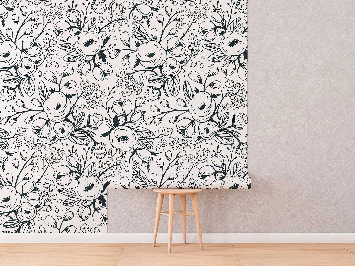 Black and White Spring Floral Wallpaper | Nursery Wall | Mural | Removable Wallpaper | Children Wall | Art | Meadow | Doddle ClickWalls