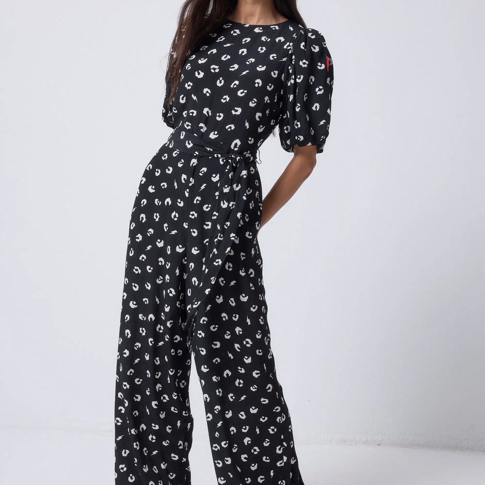 Black with White Love Leopard Puff Sleeve Wide Leg Jumpsuit Scamp & Dude
