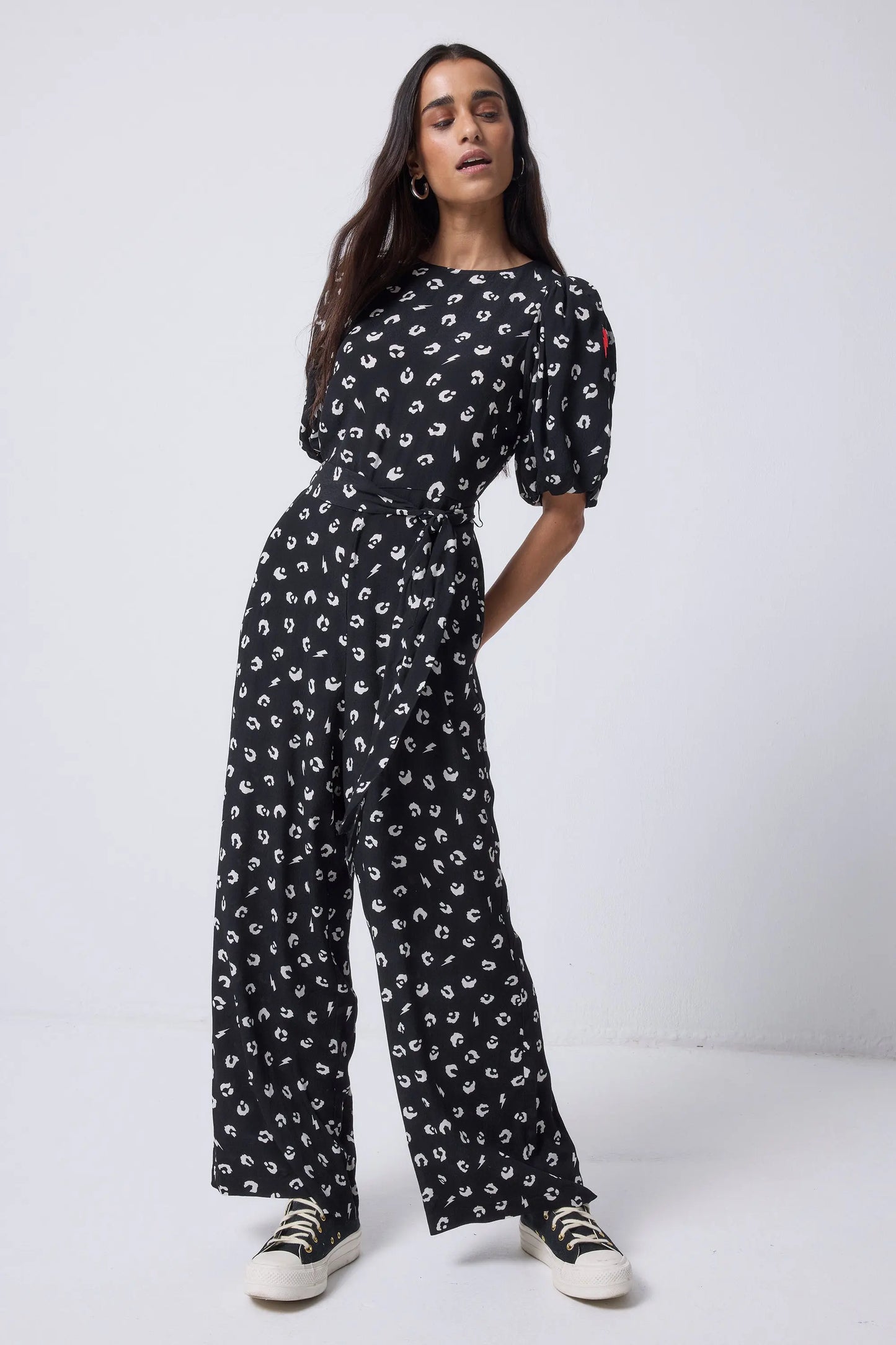 Black with White Love Leopard Puff Sleeve Wide Leg Jumpsuit Scamp & Dude