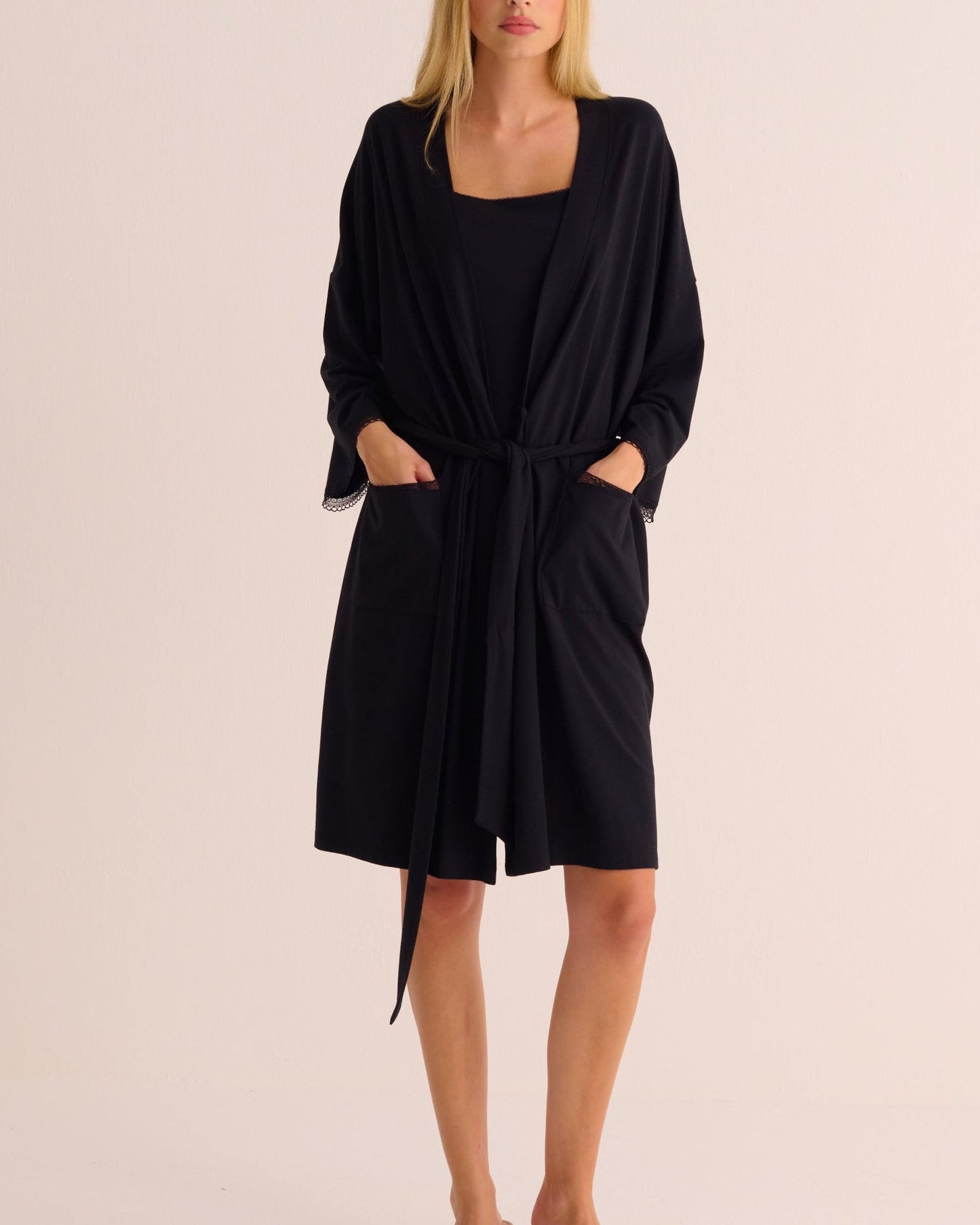 Black Modal Jersey Kimono with Lace Trim MAMU Dream