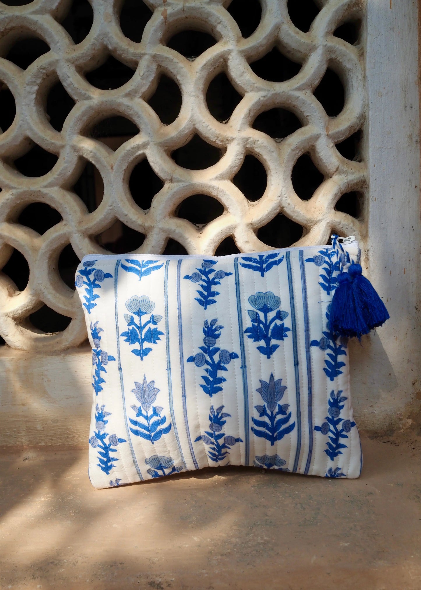 Blue Block Print Cosmetic Bag Kapara London