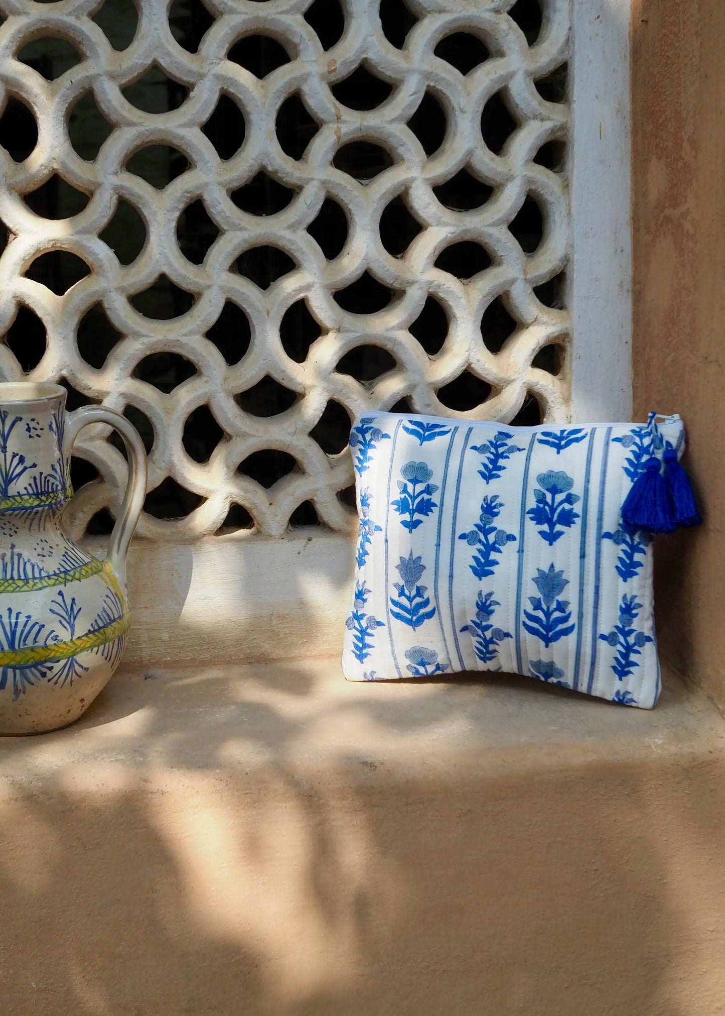 Blue Block Print Cosmetic Bag Kapara London