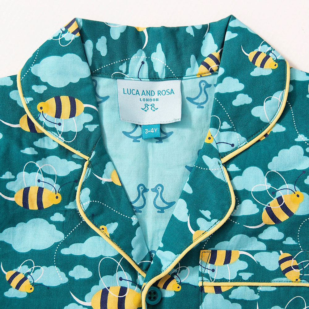 Blue Busy Bees Boys Button Up Pyjamas Luca and Rosa