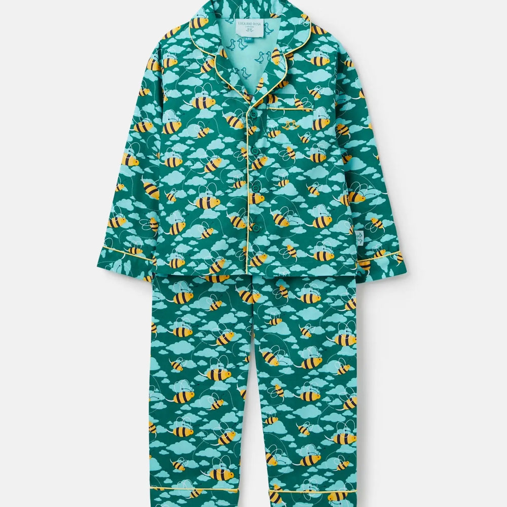 Blue Busy Bees Boys Button Up Pyjamas Luca and Rosa