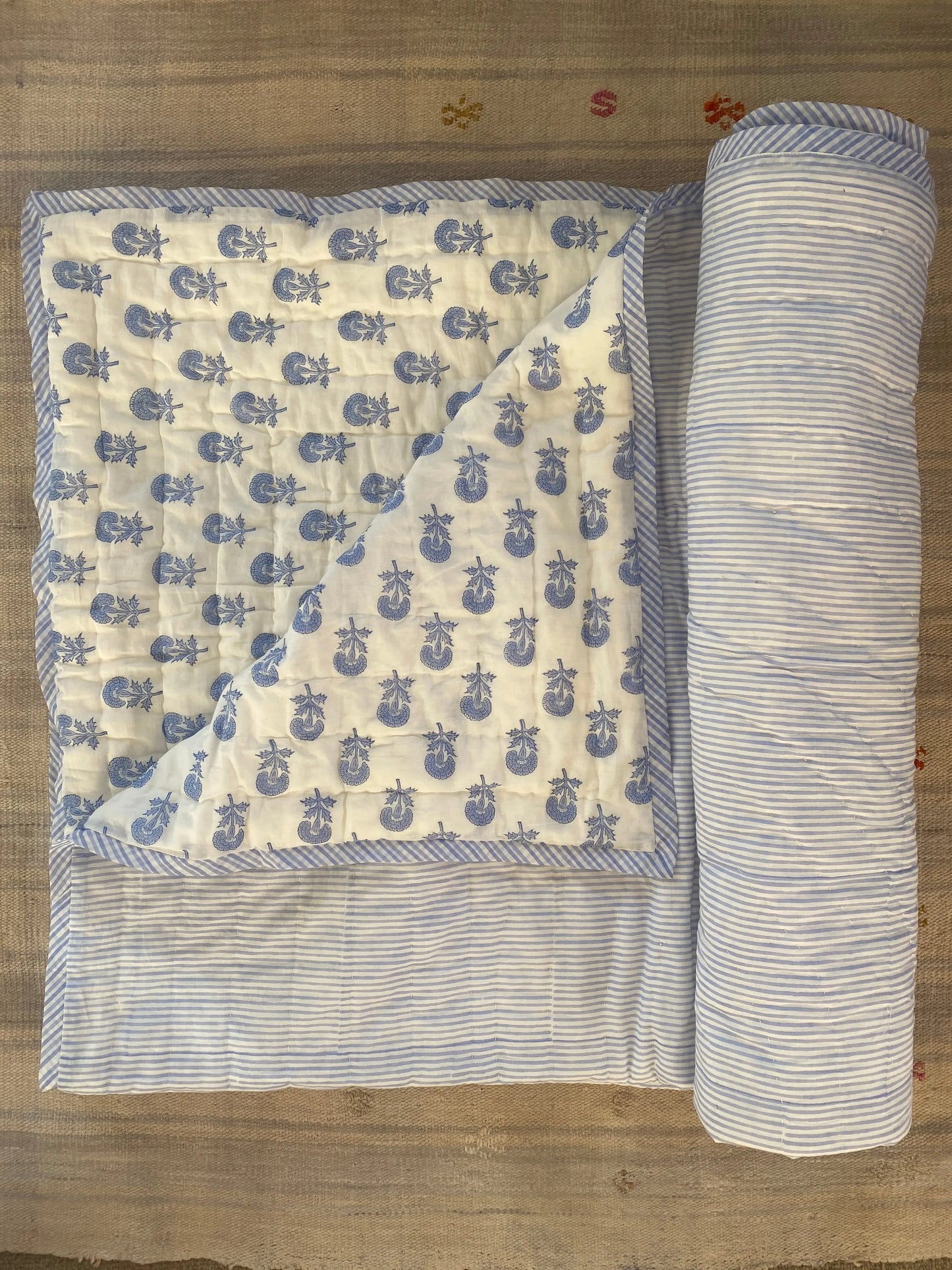 Blue Butti and Stripe Toddler Quilt Kapara London