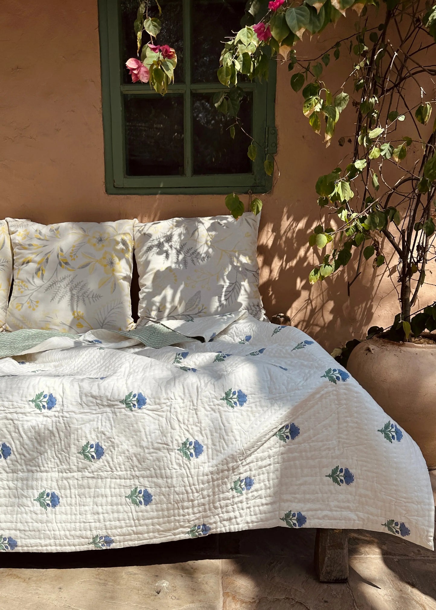 Blue Floral Pique Bed Quilt Kapara London