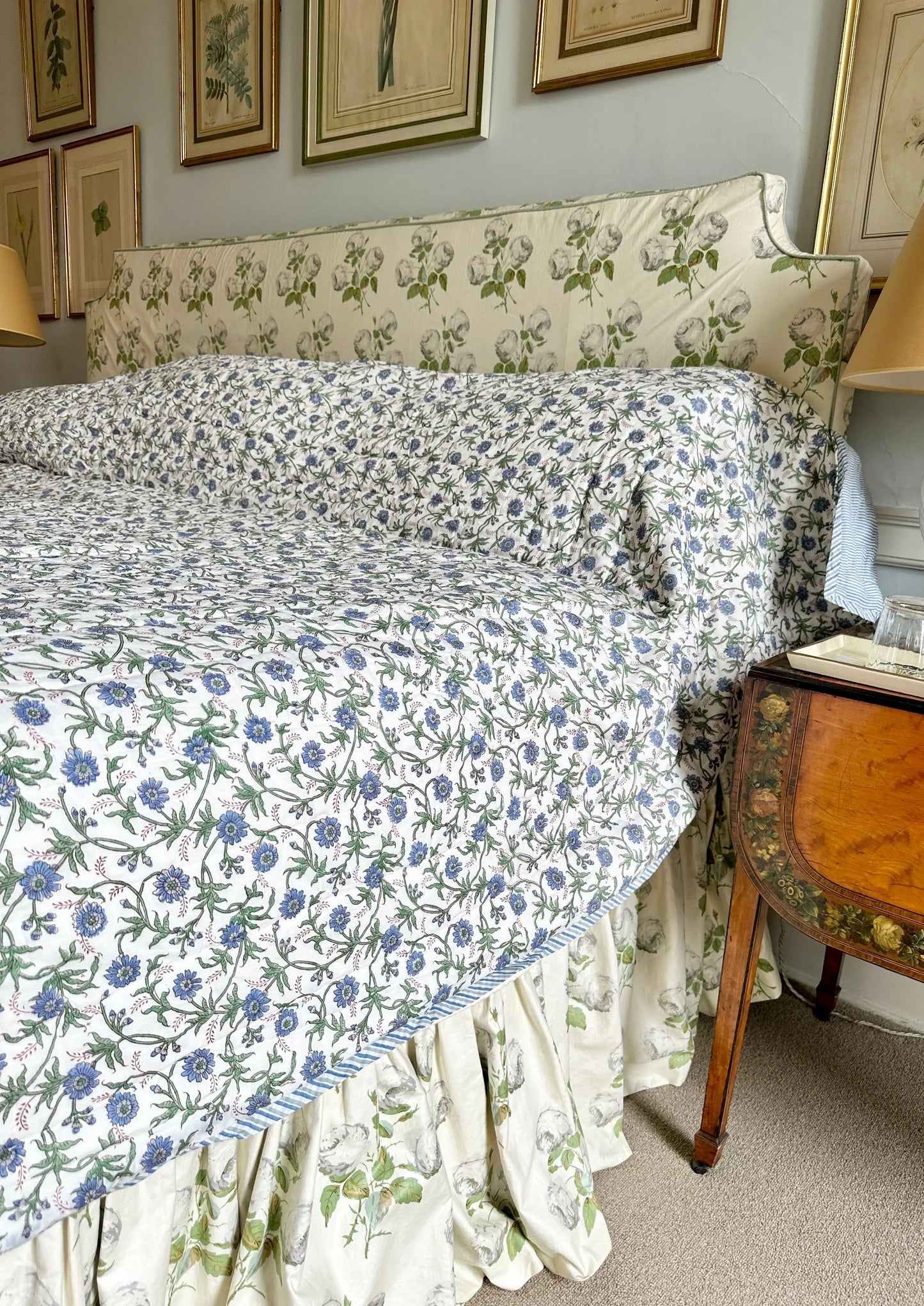 Blue Floral / Stripe Bed Quilt Kapara London