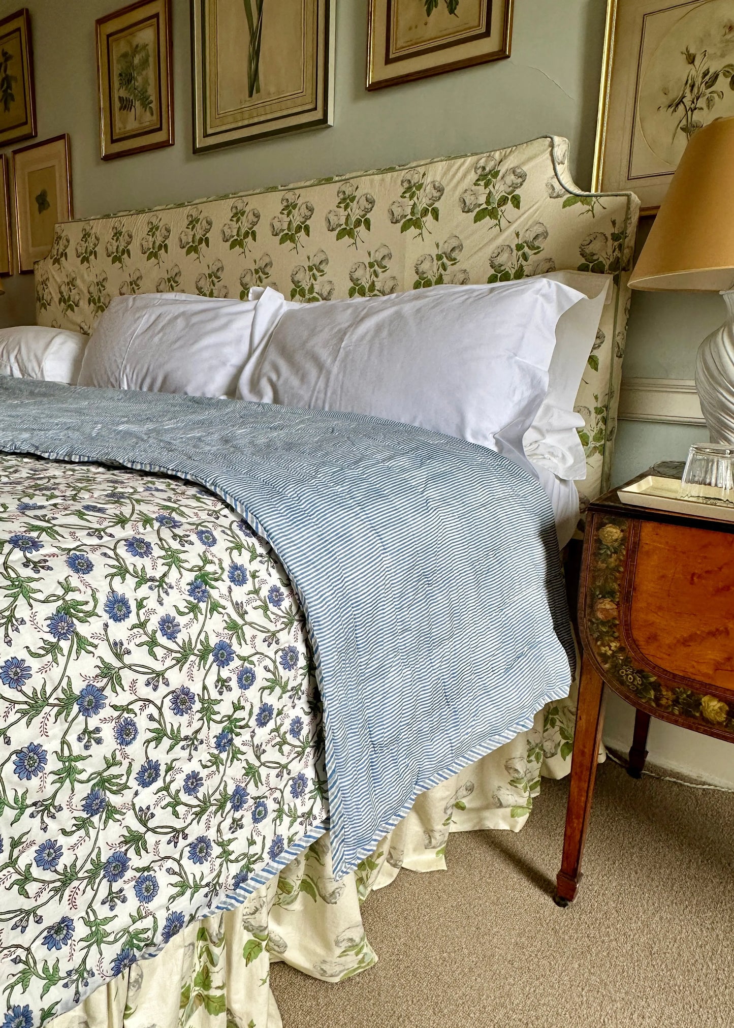 Blue Floral / Stripe Bed Quilt Kapara London