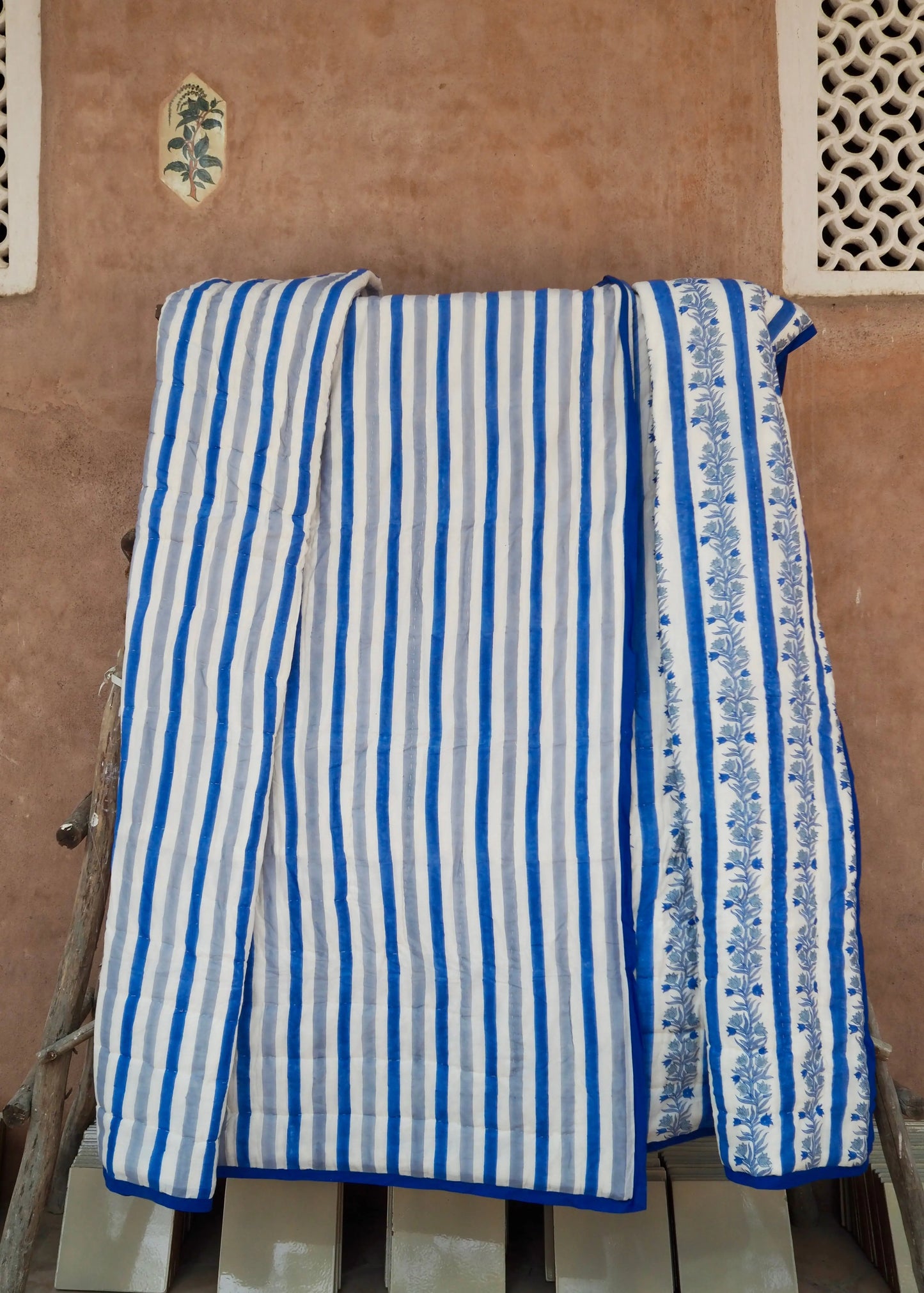 Blue Floral Stripe Bed Quilt Kapara London