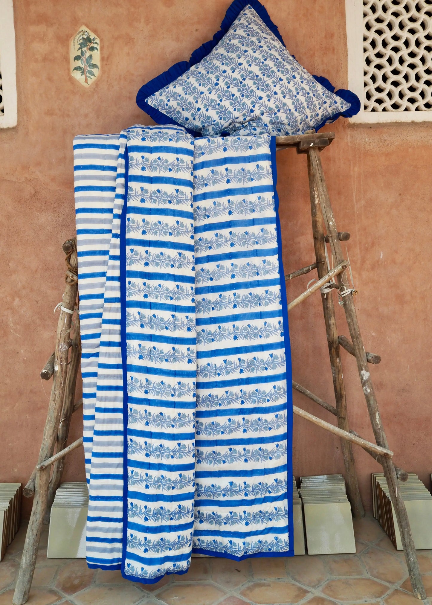 Blue Floral Stripe Bed Quilt Kapara London
