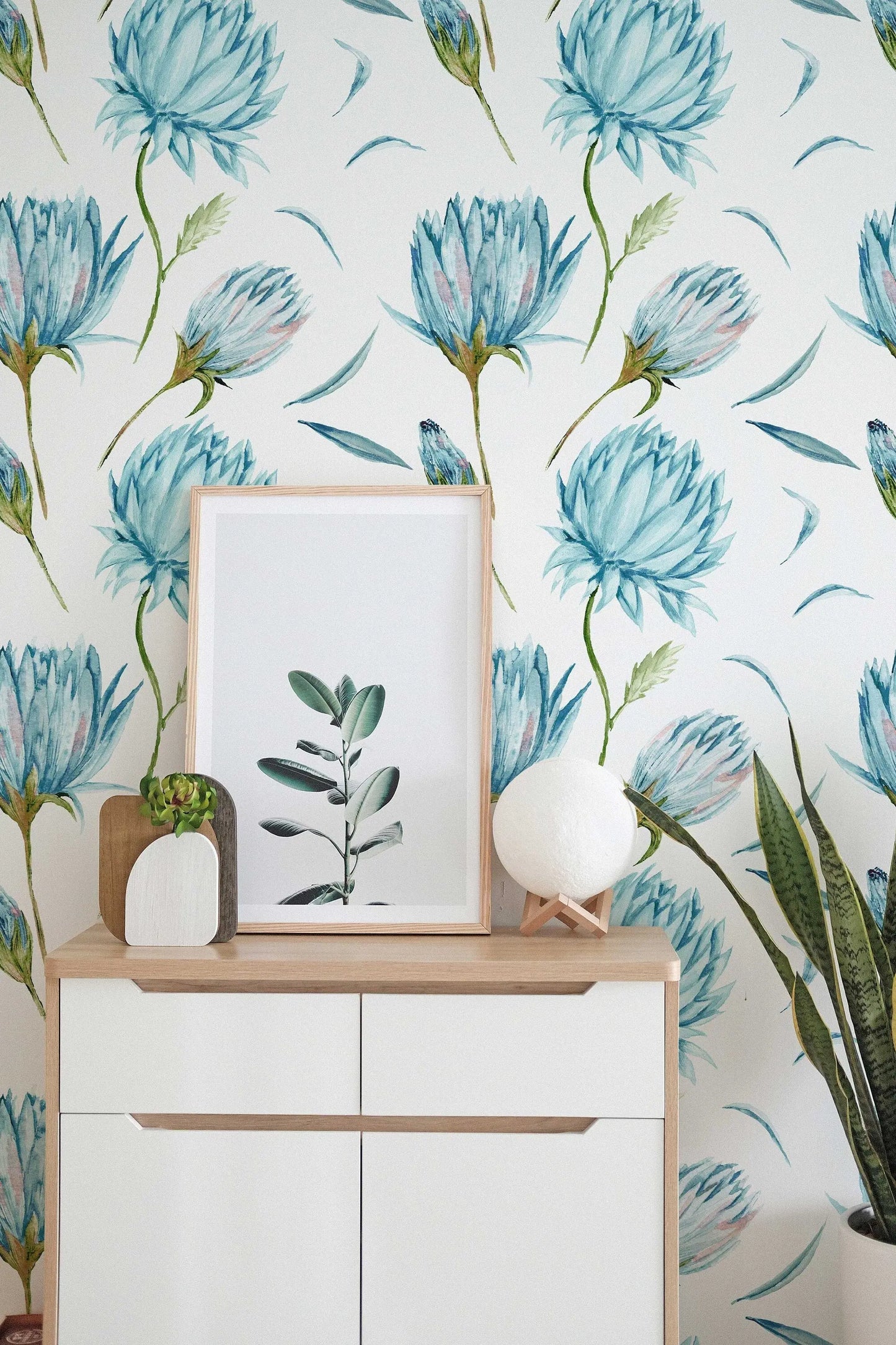 Blue Flowers Wallpaper | Green Leaves Nature Wall Art | Removable Wallpaper | Peel and Stick Wallpaper | Light Wallpaper | Home Decor ClickWalls