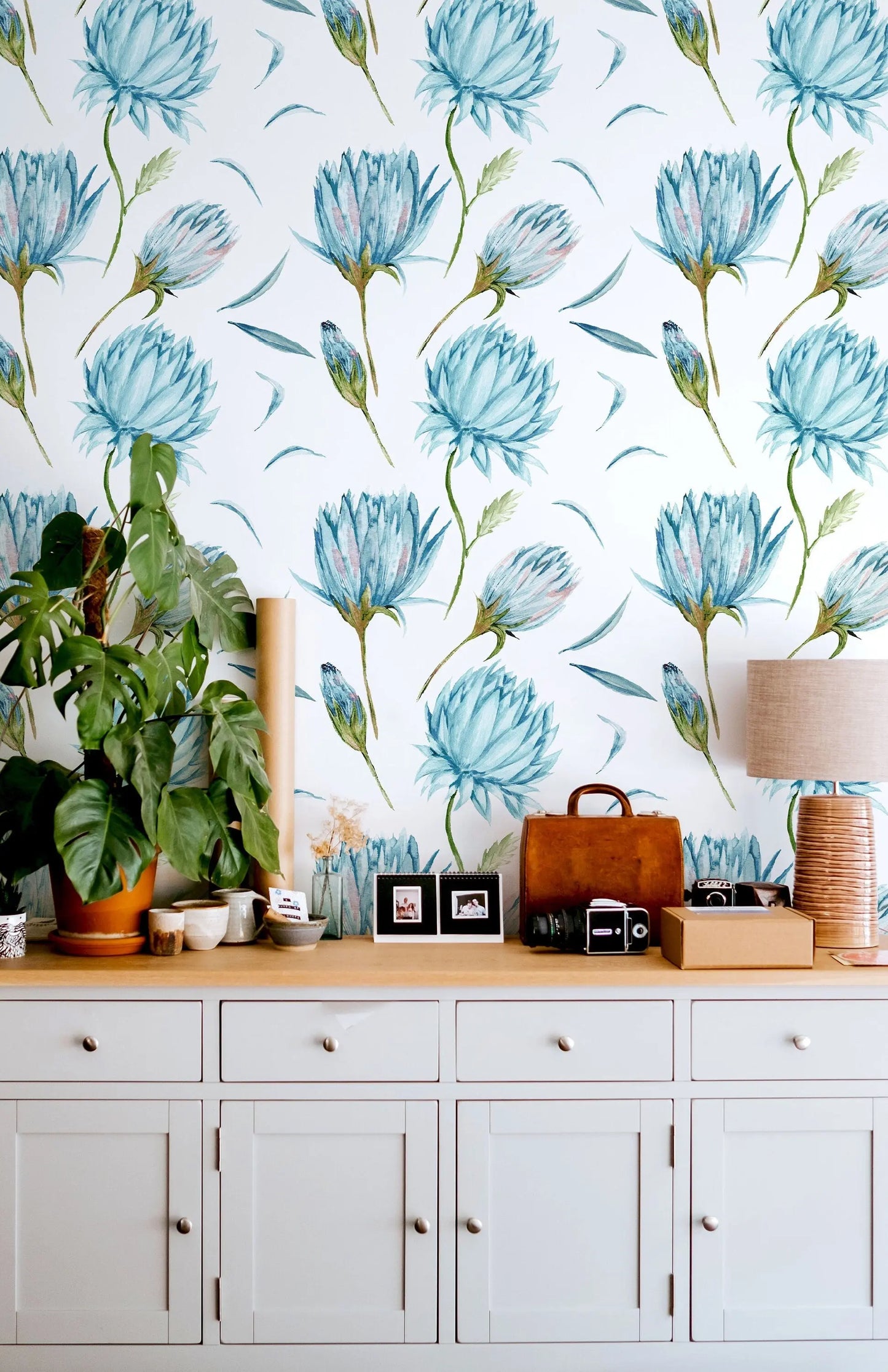 Blue Flowers Wallpaper | Green Leaves Nature Wall Art | Removable Wallpaper | Peel and Stick Wallpaper | Light Wallpaper | Home Decor ClickWalls