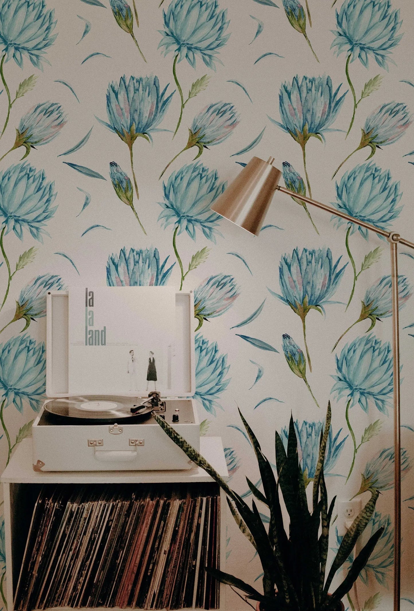 Blue Flowers Wallpaper | Green Leaves Nature Wall Art | Removable Wallpaper | Peel and Stick Wallpaper | Light Wallpaper | Home Decor ClickWalls