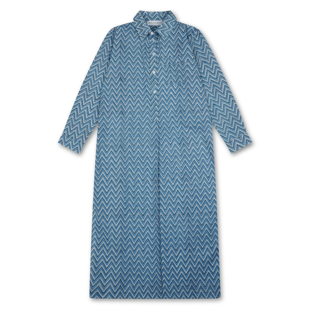 Blue Hand Block Printed Beach Shirt Dress Moochic