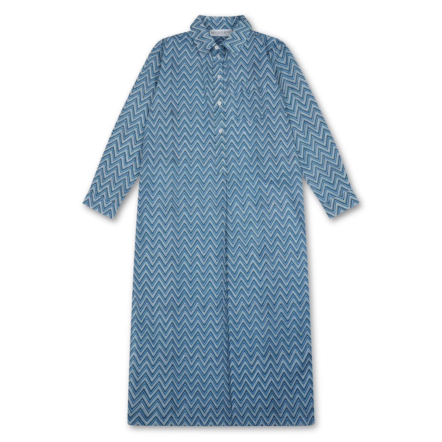 Blue Hand Block Printed Beach Shirt Dress Moochic