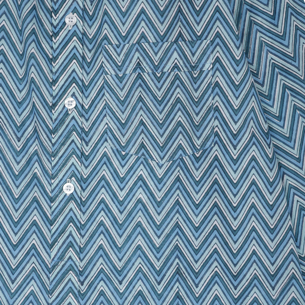 Blue Hand Block Printed Beach Shirt Dress Moochic