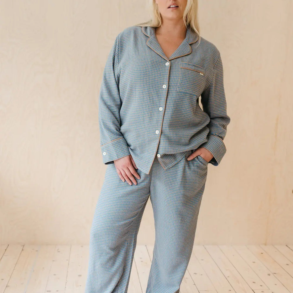 Blue Houndstooth Cotton Pyjama Trouser Set TartanBlanketCo