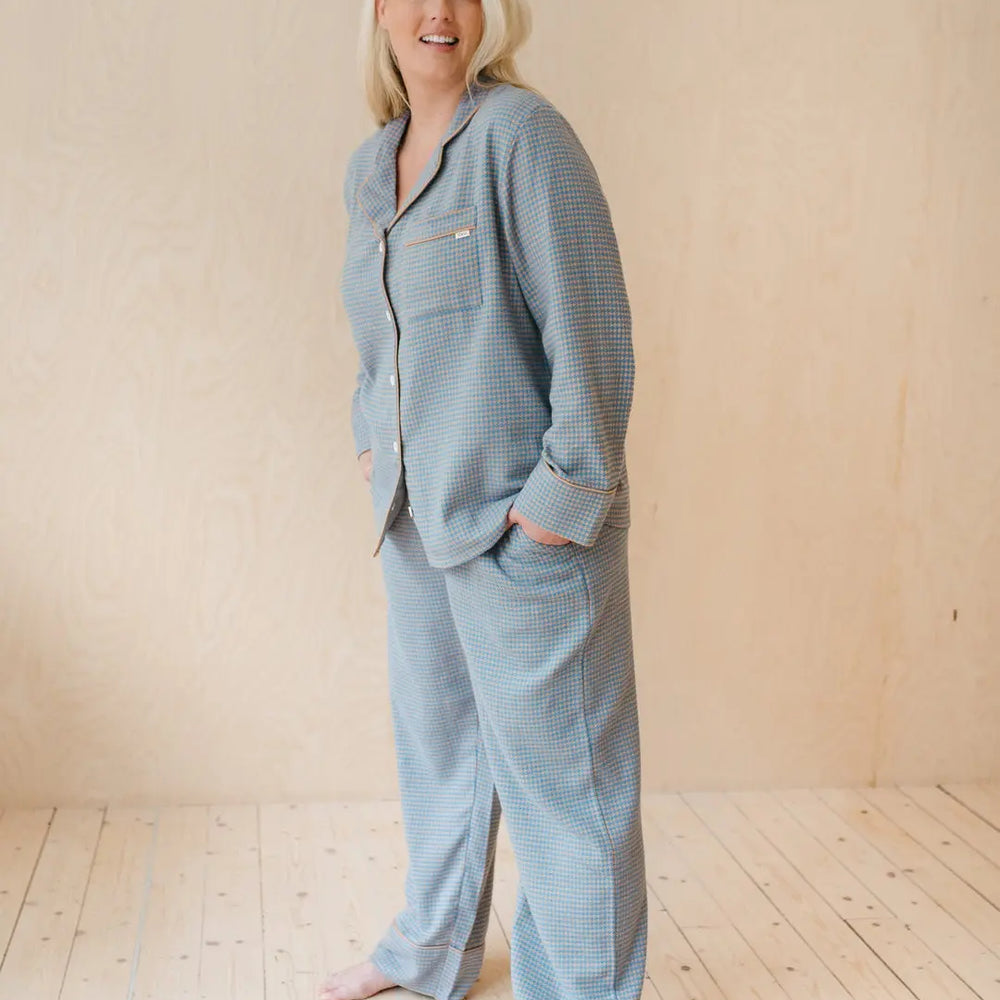 Blue Houndstooth Cotton Pyjama Trouser Set TartanBlanketCo