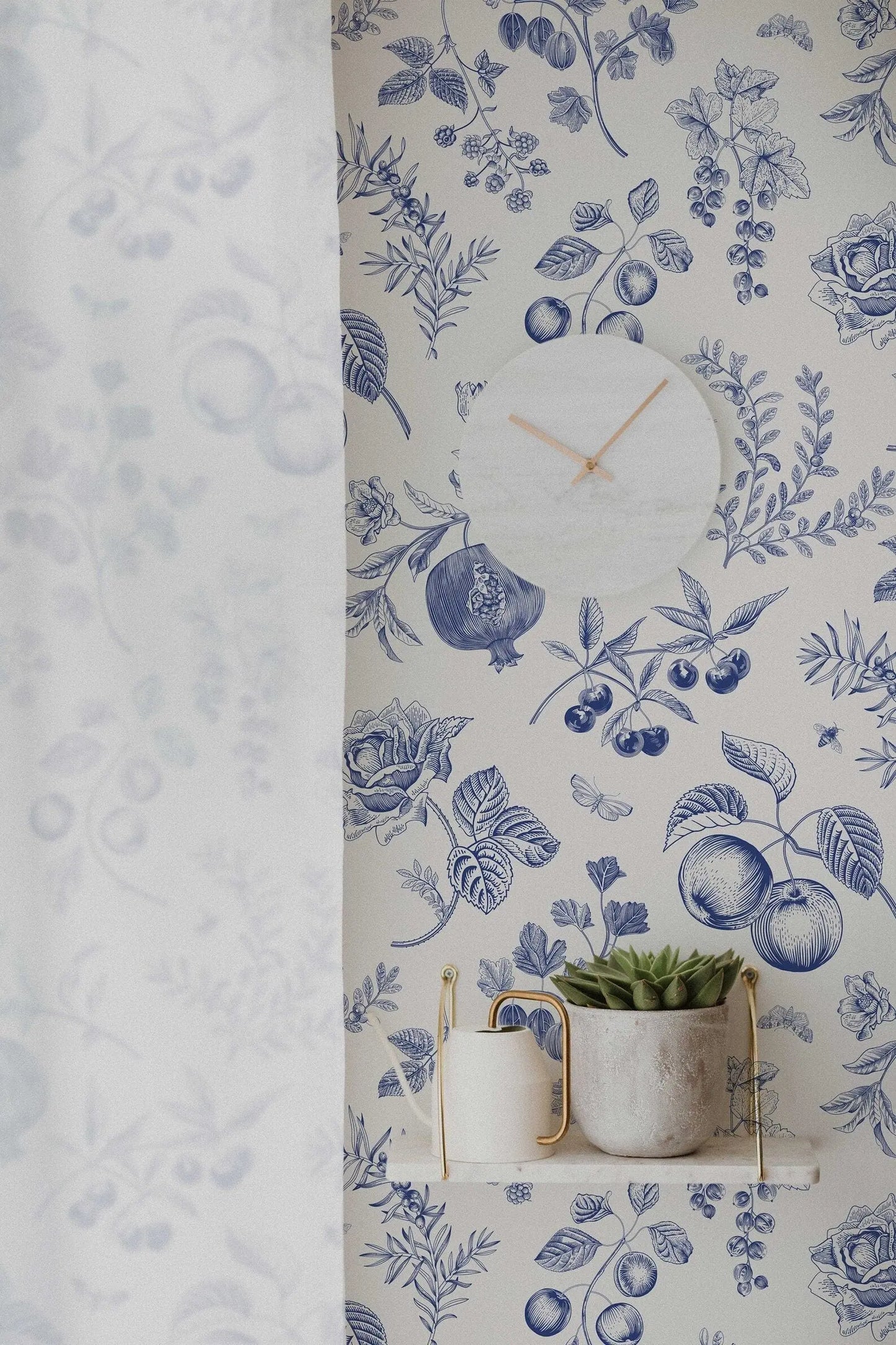 Blue Peach Botanical Wallpaper | Removable Peel and Stick | Custom Roll | Self Adhesive | Country Style Decor ClickWalls