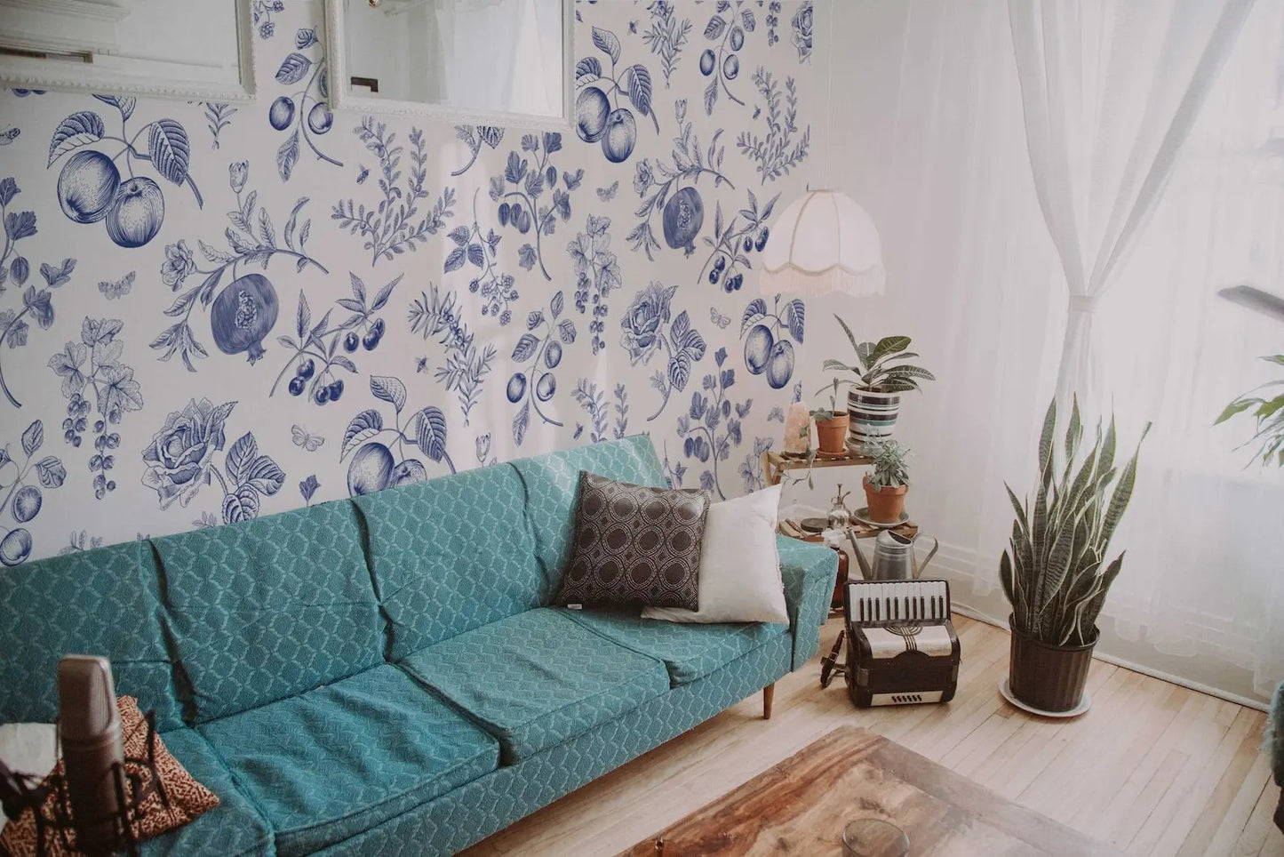 Blue Peach Botanical Wallpaper | Removable Peel and Stick | Custom Roll | Self Adhesive | Country Style Decor ClickWalls