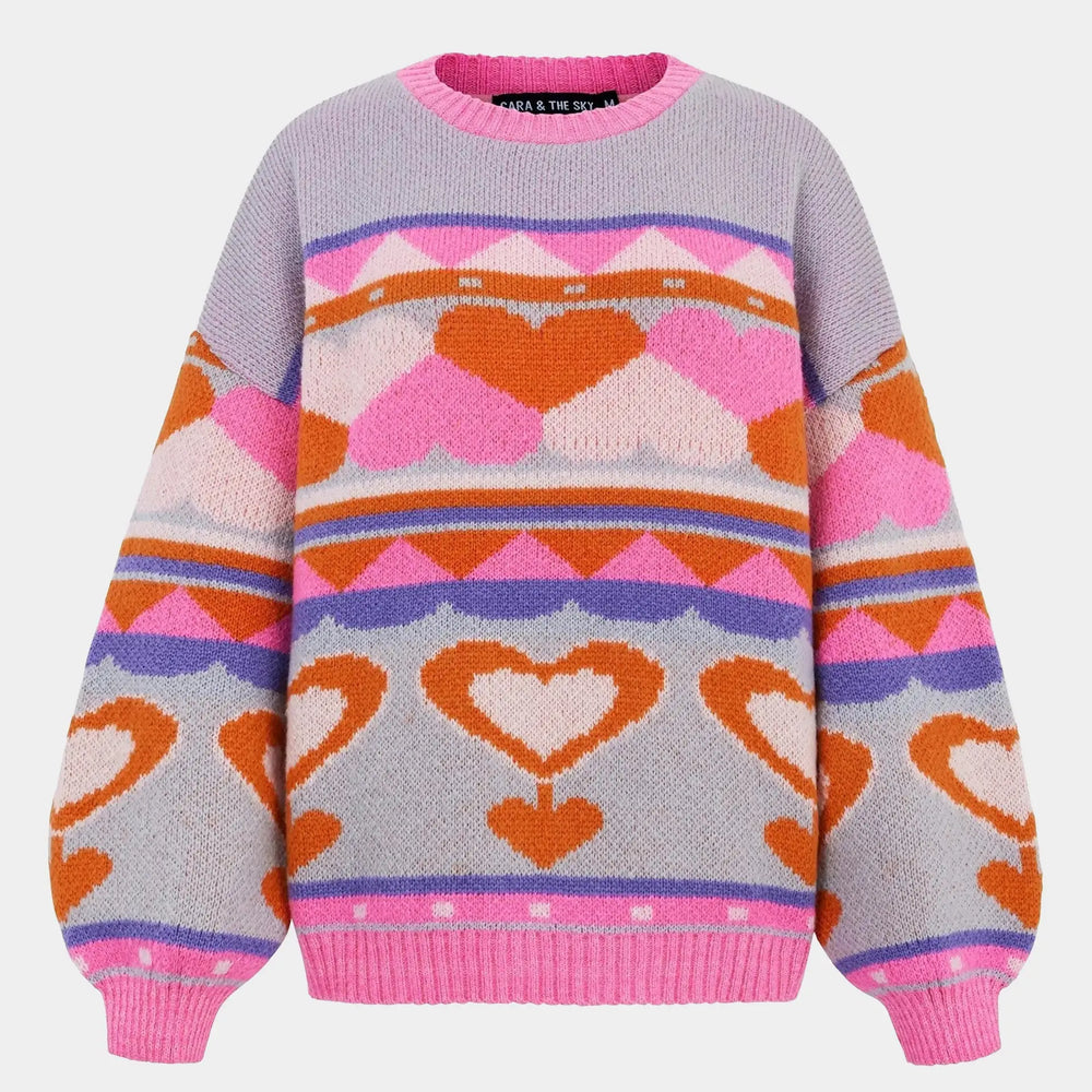 Blue Poppy Heart Intarsia Balloon Sleeve Oversized Jumper Cara & The Sky
