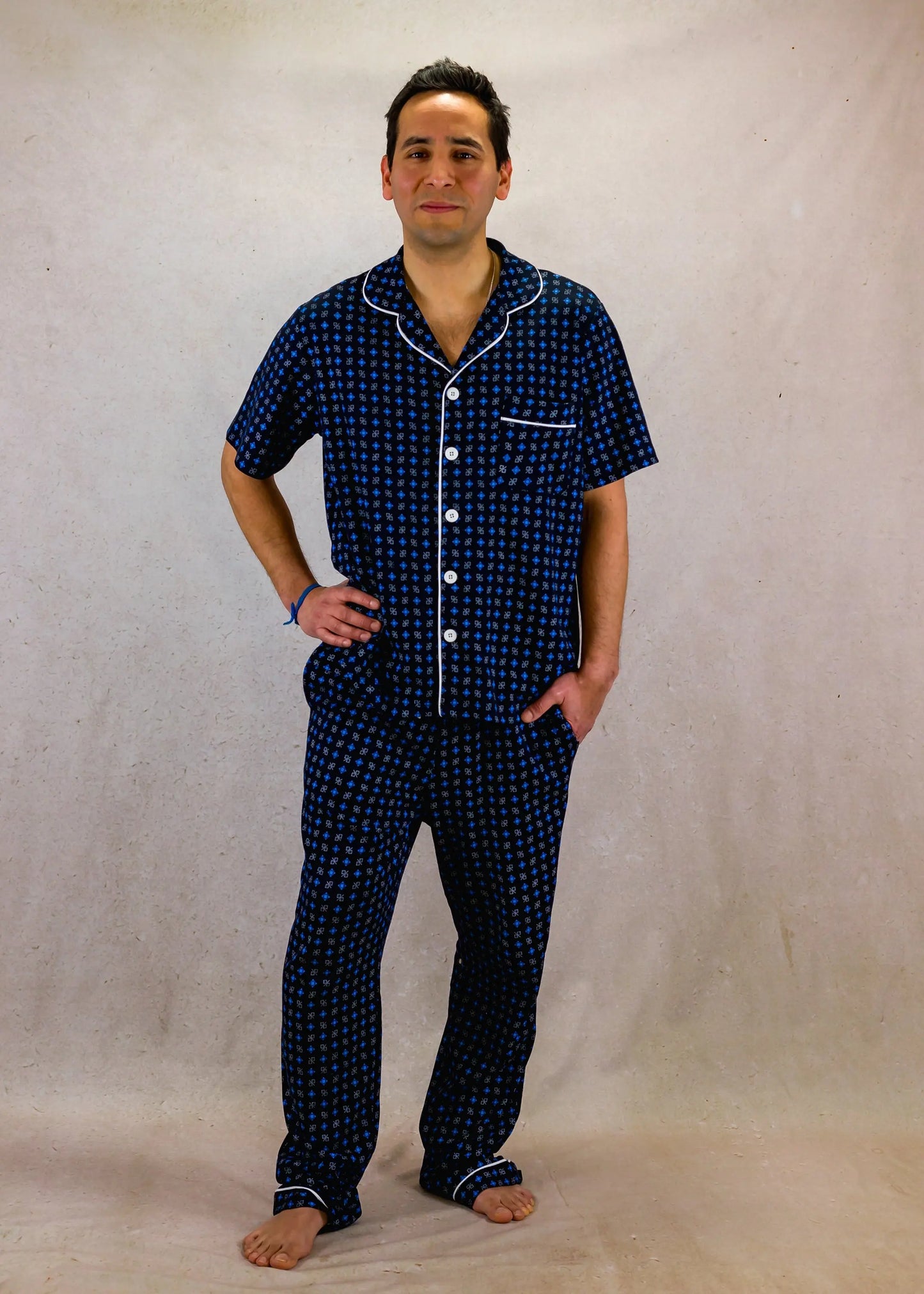 Blue Squares Mens Pima Cotton Short Sleeve Pyjama Trouser Set killarysleepwear