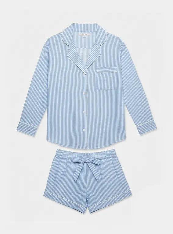 Blue Stripe Women's Long Sleeve Organic Cotton Pyjama Short Set Myza