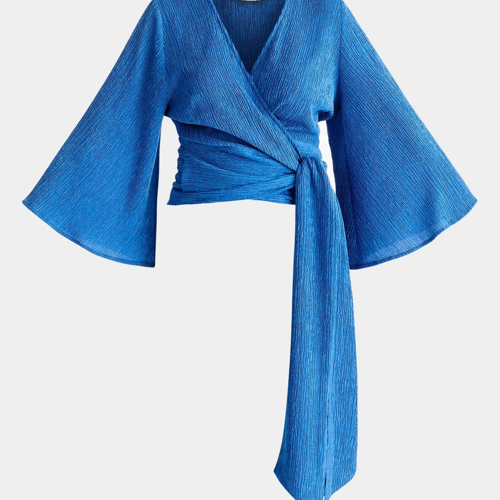 Blue Textured Wrap Kimono Blouse Paisie