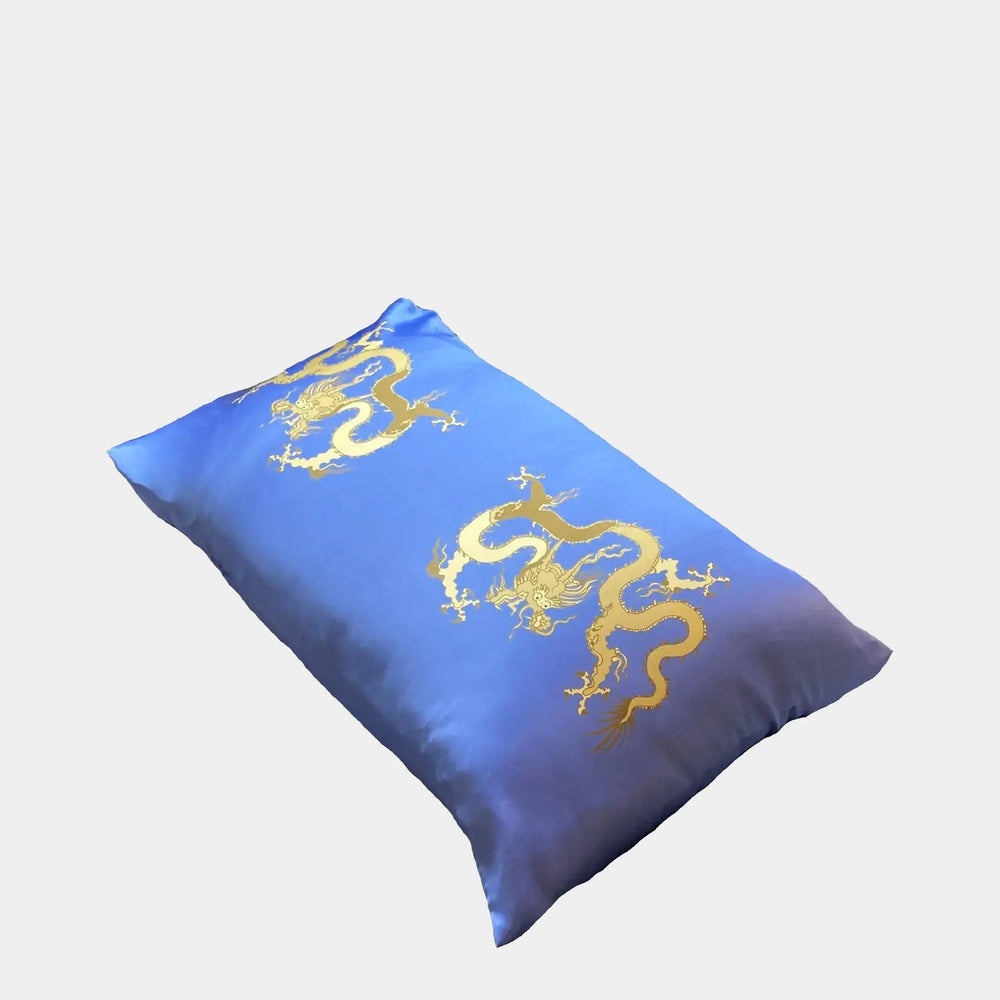Blue With Golden Dragon Design Silk Pillowcase Long Studio Design