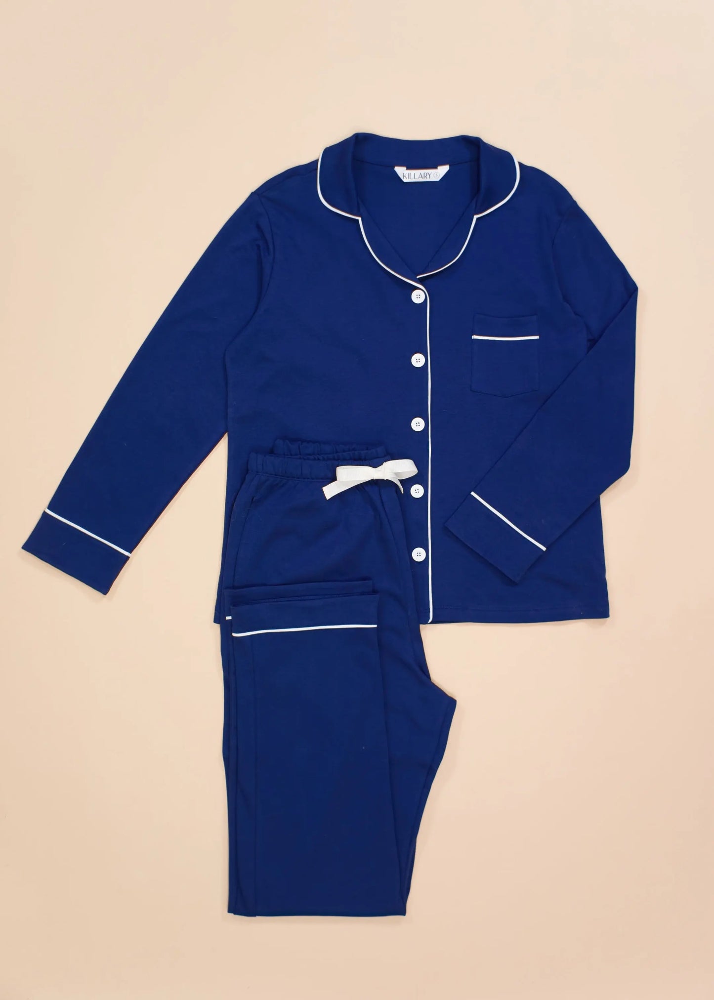 Blue Women's Pima Cotton Long Sleeve Pyjama Trouser Set killarysleepwear