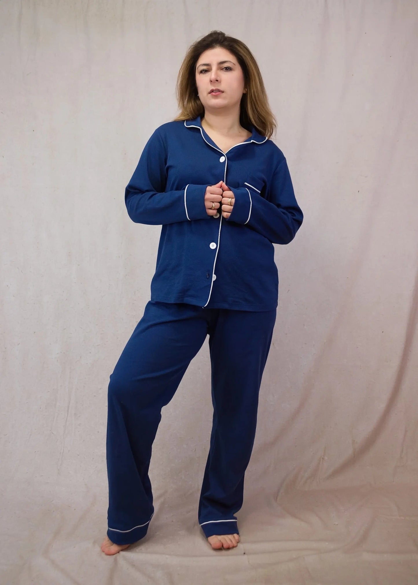 Blue Women's Pima Cotton Long Sleeve Pyjama Trouser Set killarysleepwear