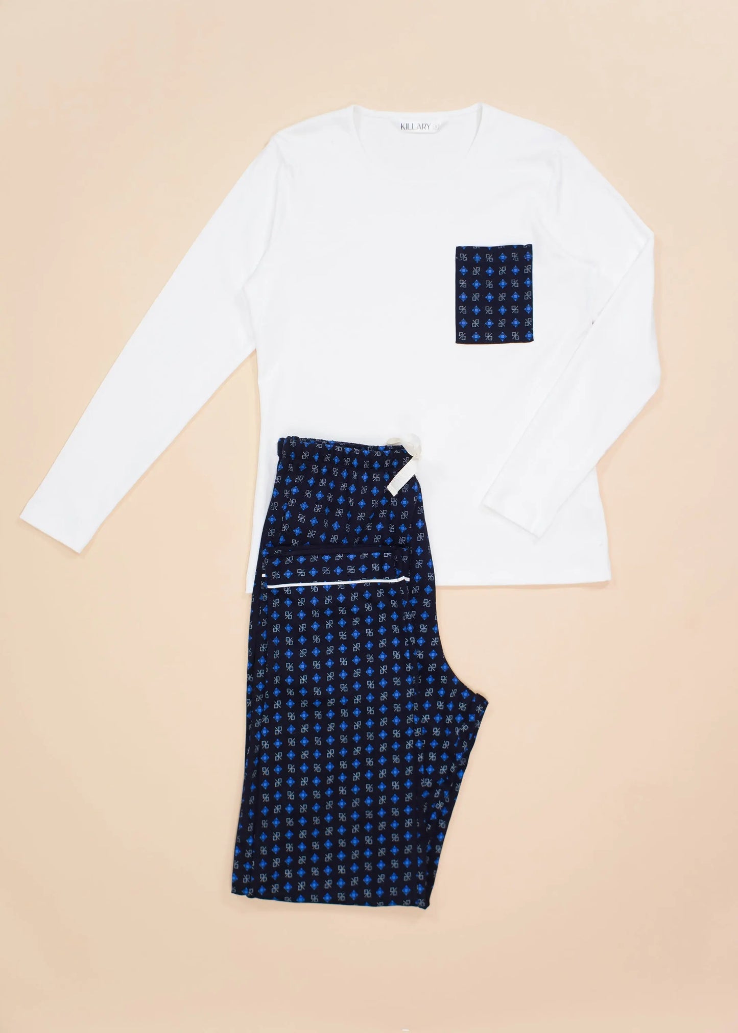 Blue & White Women's Pima Cotton Long Sleeve Pyjama Trouser Set killarysleepwear