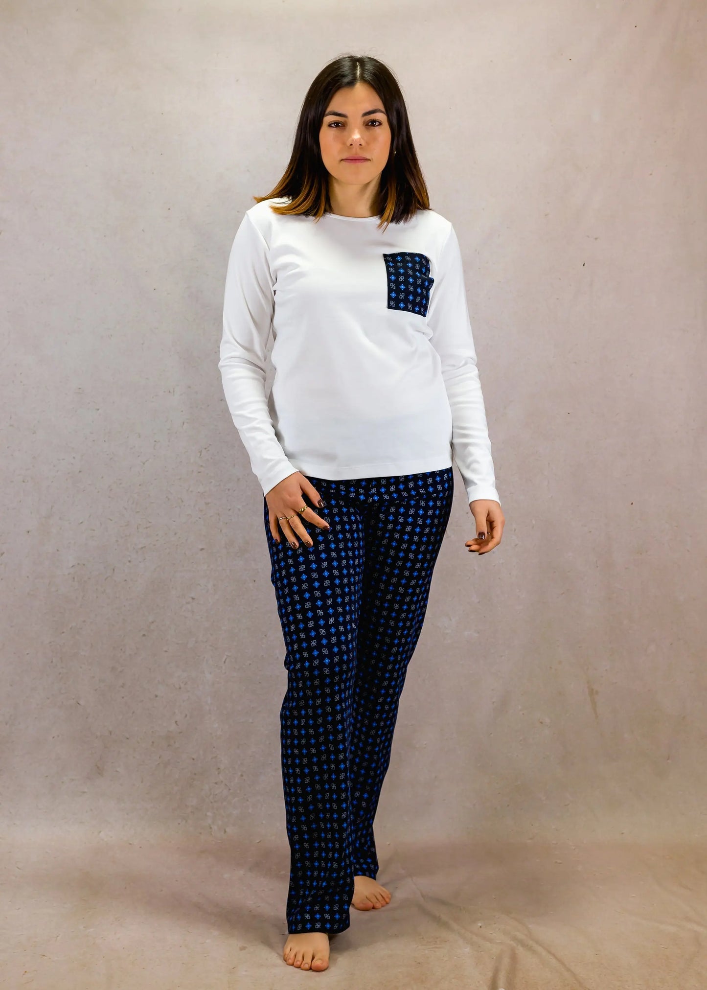 Blue & White Women's Pima Cotton Long Sleeve Pyjama Trouser Set killarysleepwear