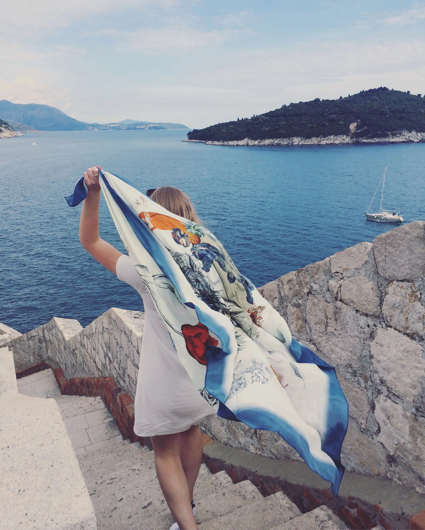 Blue 'Crustacean Silk' Silk Scarf, large square Silk Scarf with crab and tulip design from the Evolution Collection Alice Acreman Silks