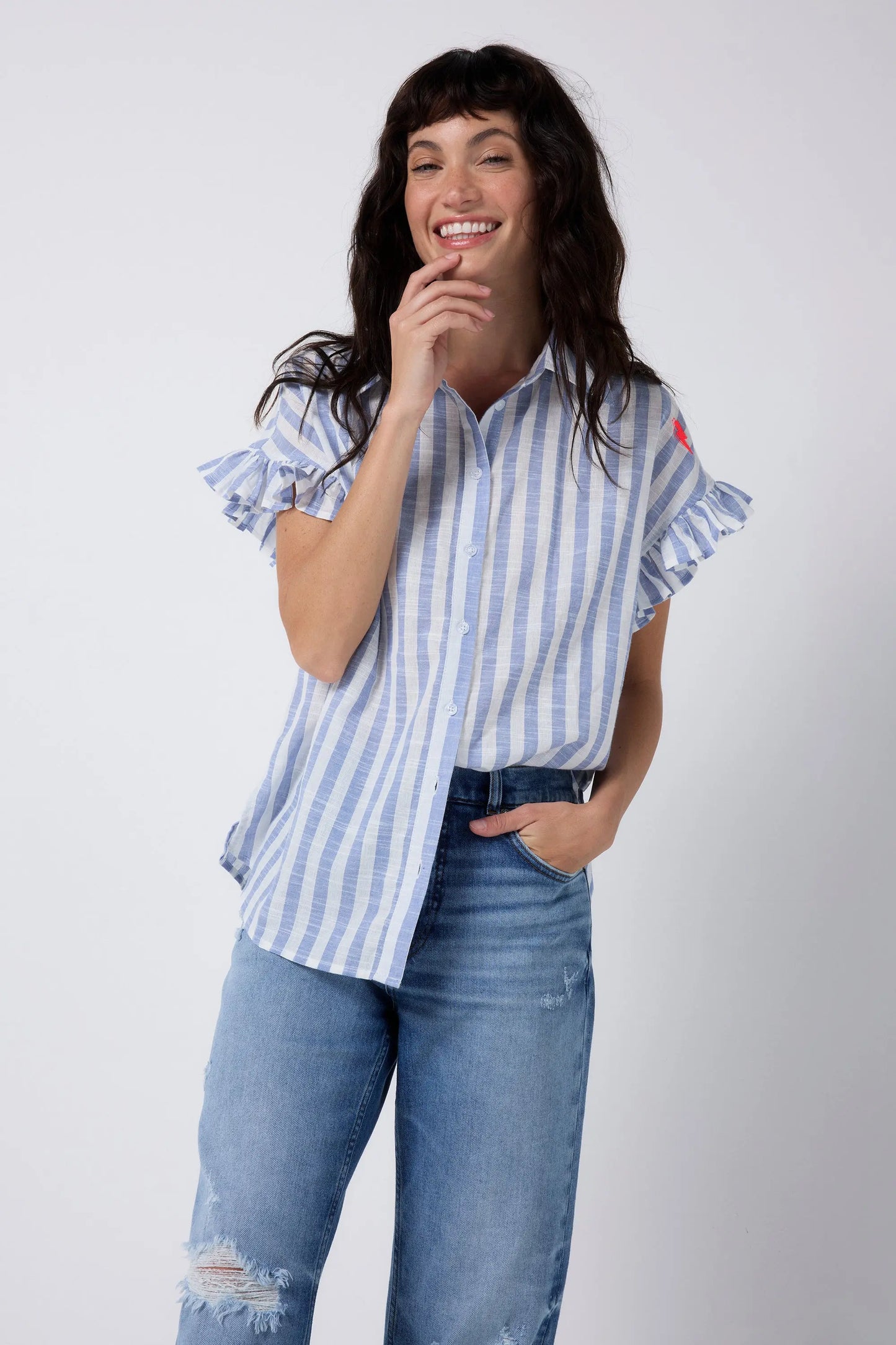 Blue and White Stripe Frill Sleeve Shirt Scamp & Dude