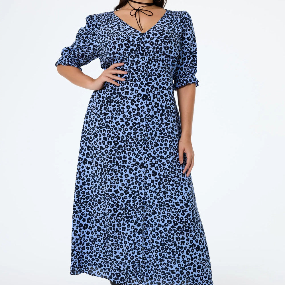 Blue with Black Floral Leopard Flute Sleeve Midi Tea Dress Scamp & Dude