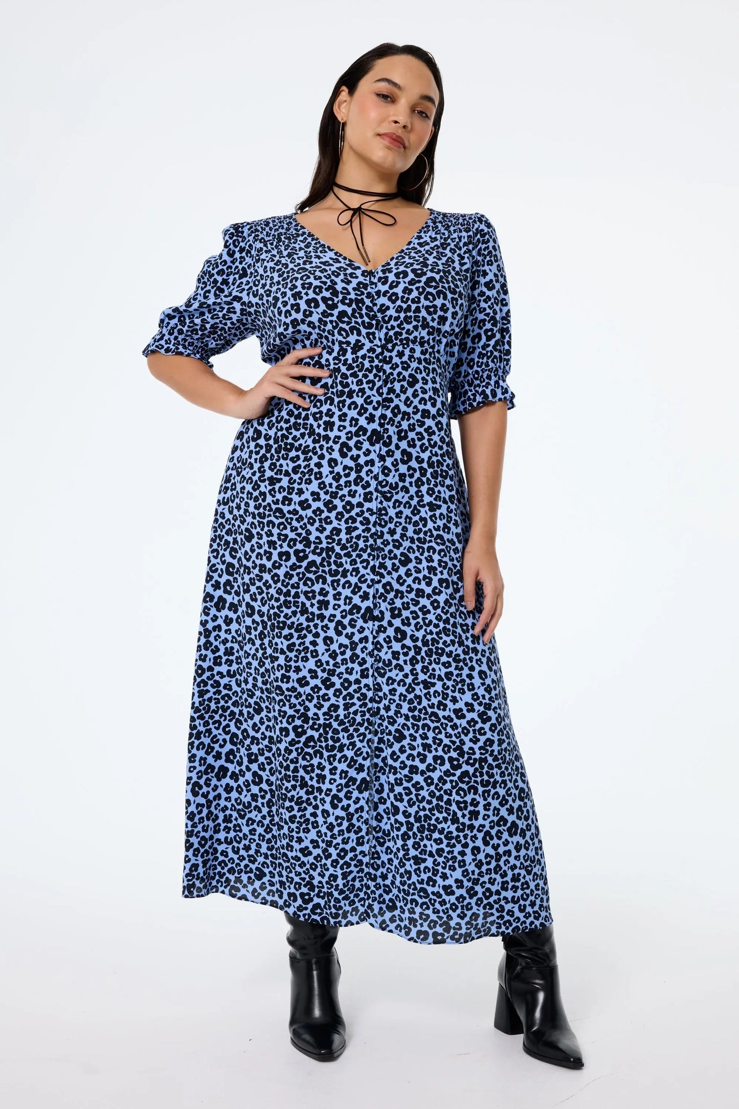 Blue with Black Floral Leopard Flute Sleeve Midi Tea Dress Scamp & Dude