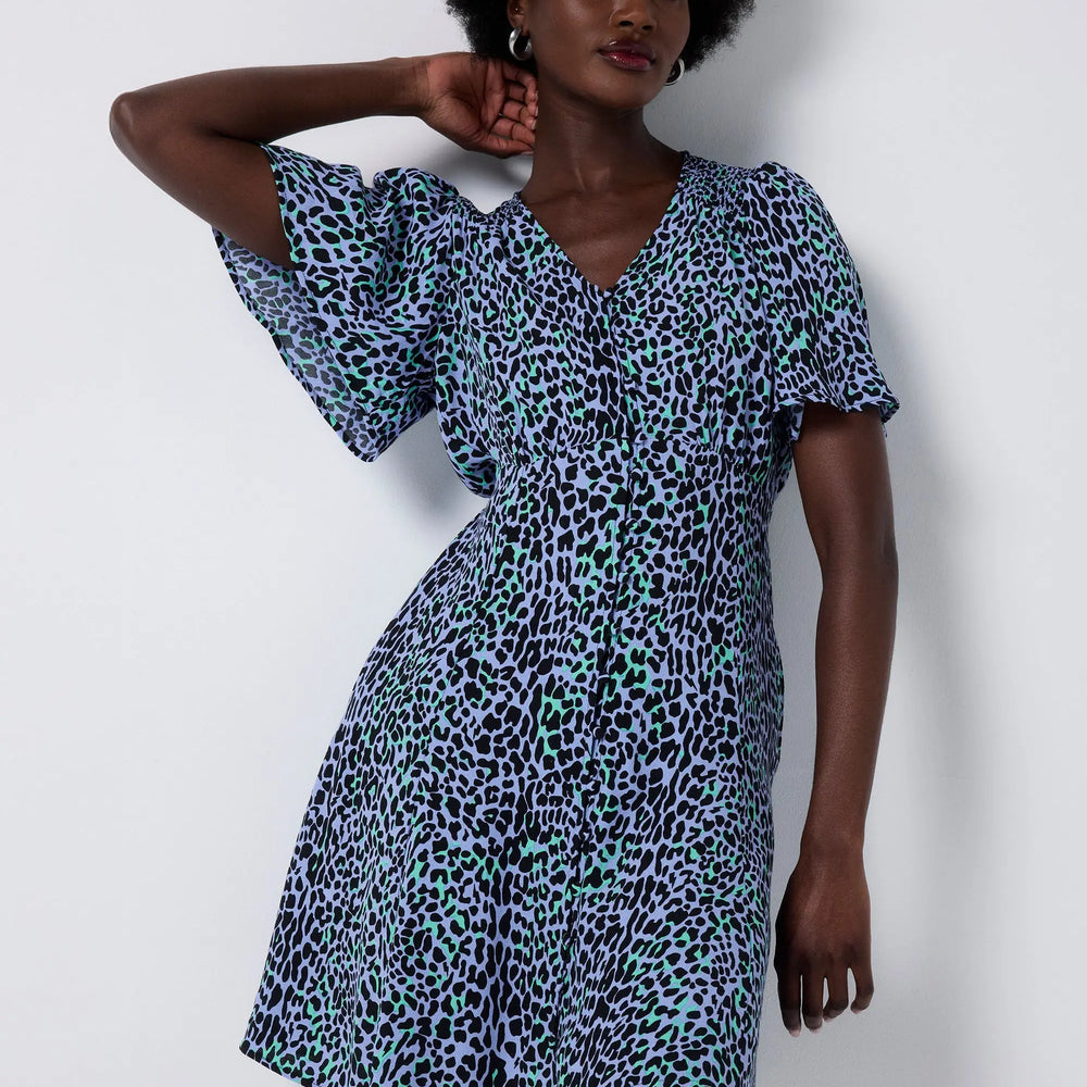 Blue with Black Leopard Angel Sleeve Short Tea Dress Scamp & Dude