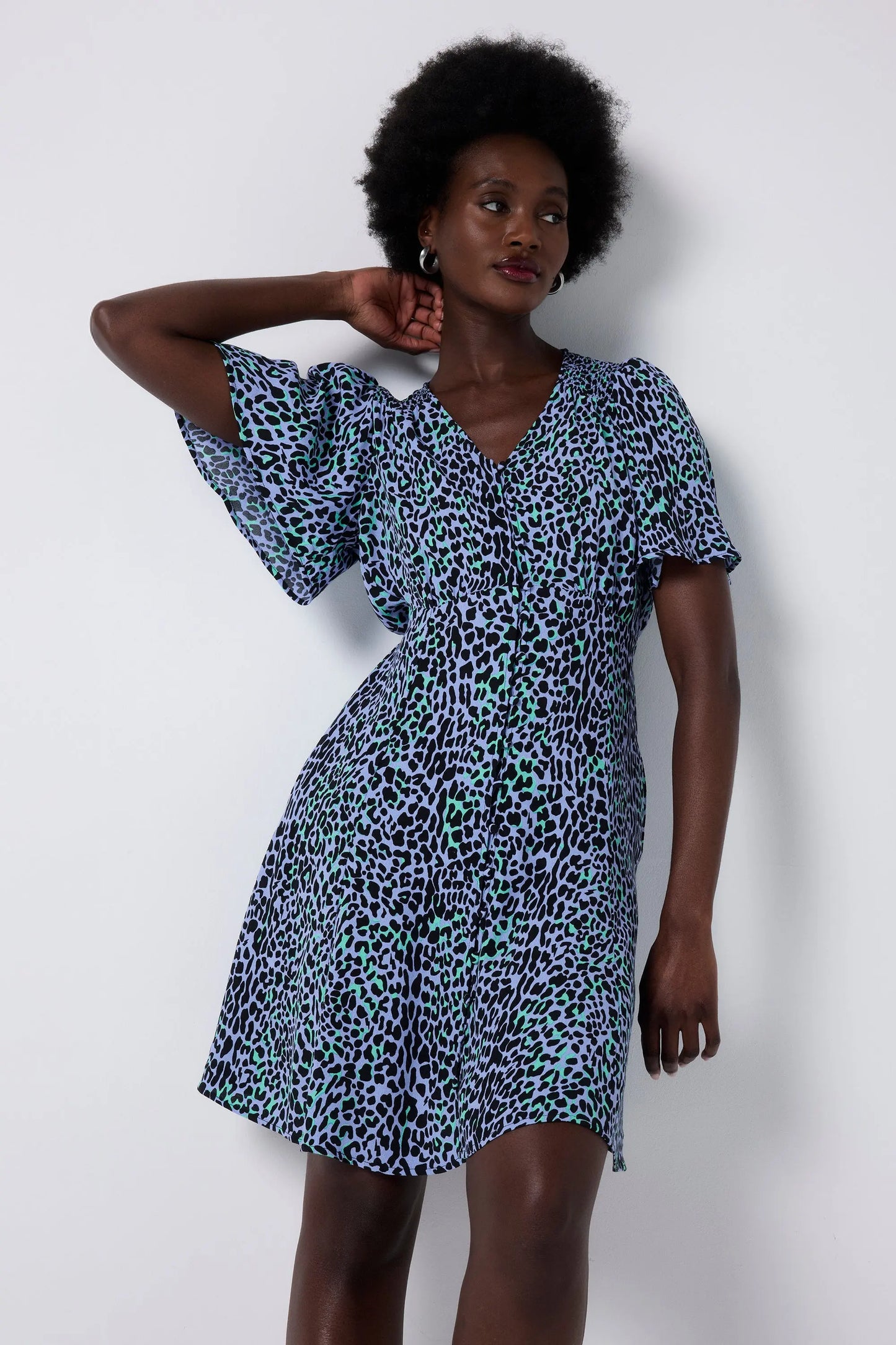 Blue with Black Leopard Angel Sleeve Short Tea Dress Scamp & Dude
