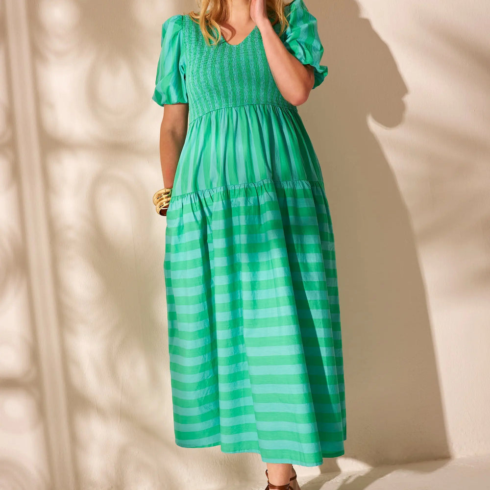 Blue with Green Stripe Puff Sleeve Maxi Dress Scamp & Dude