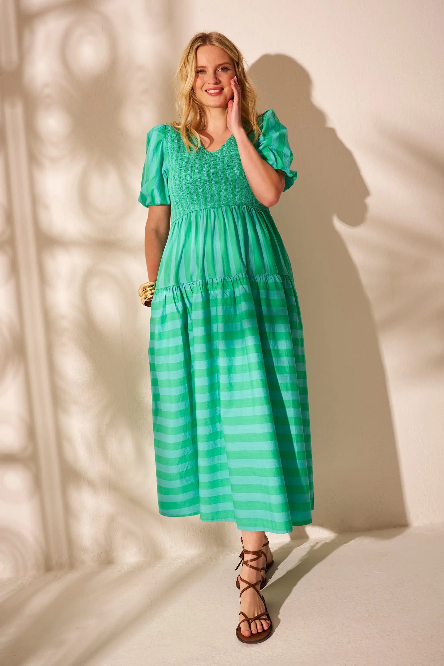 Blue with Green Stripe Puff Sleeve Maxi Dress Scamp & Dude