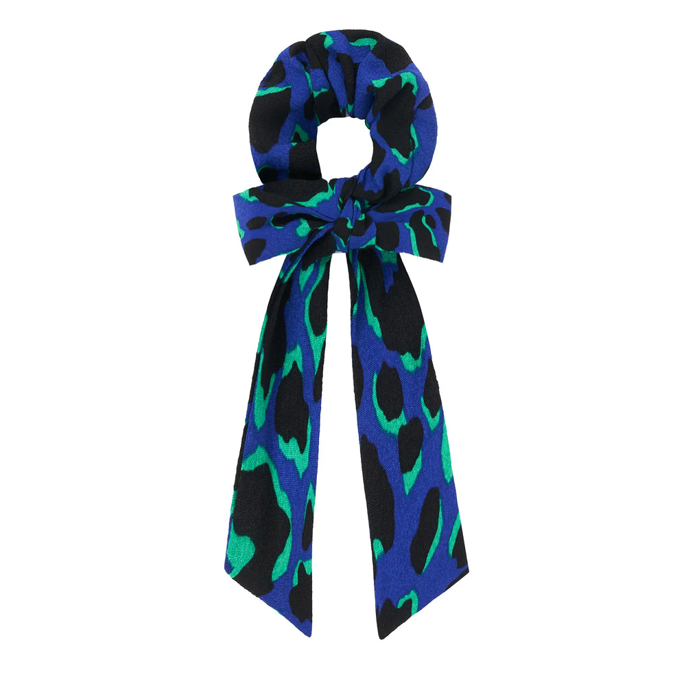Blue with Green and Black Shadow Leopard Surplus Fabric Bow Scrunchie Scamp & Dude