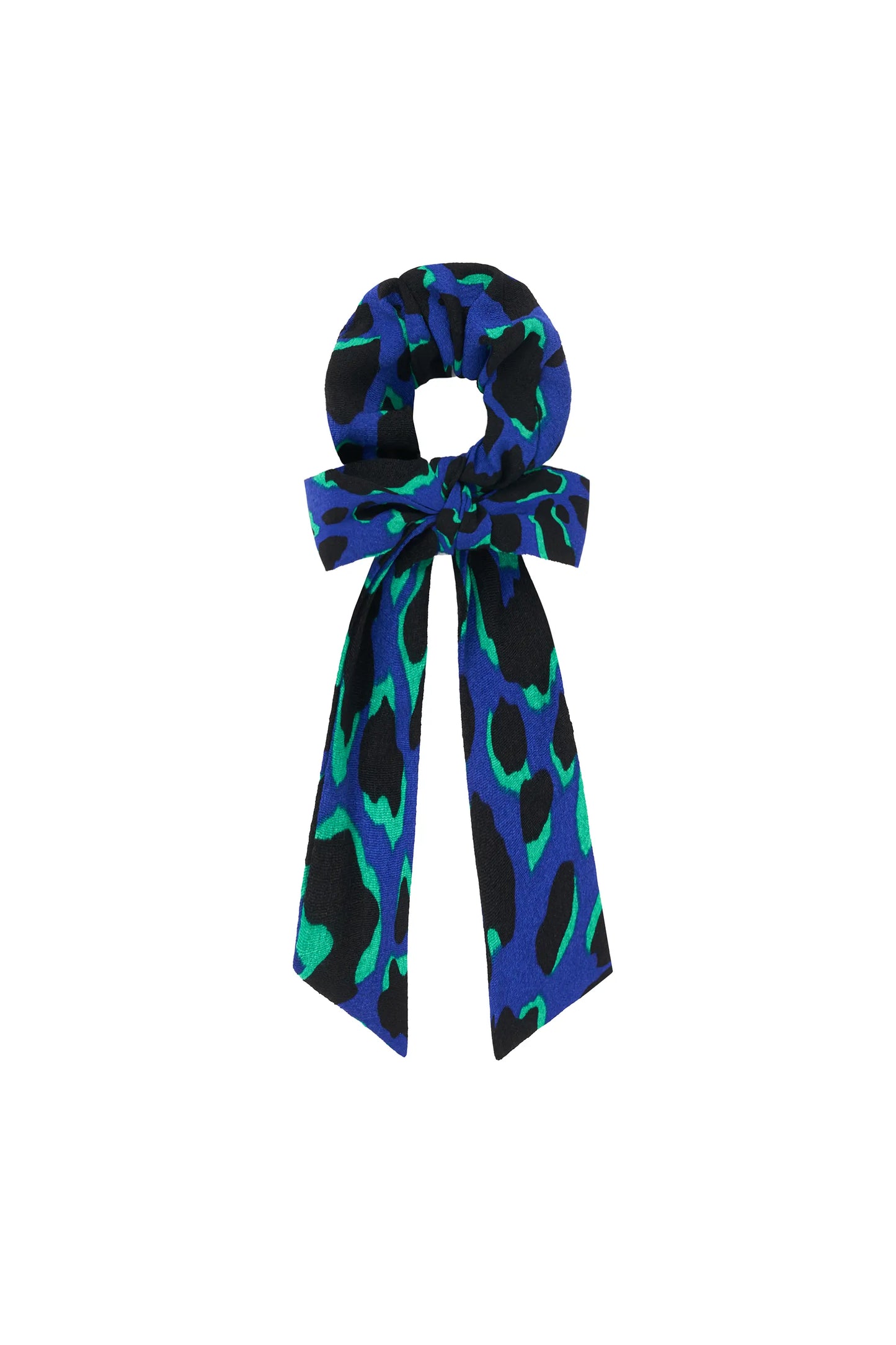 Blue with Green and Black Shadow Leopard Surplus Fabric Bow Scrunchie Scamp & Dude