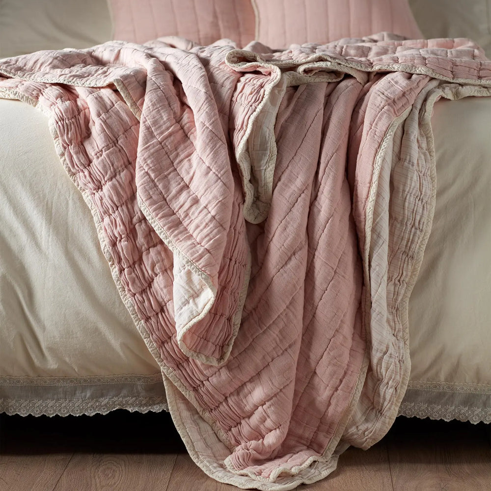 Blush Pink Vivienne 100% Cotton Quilted Throw The Secret Linen Store