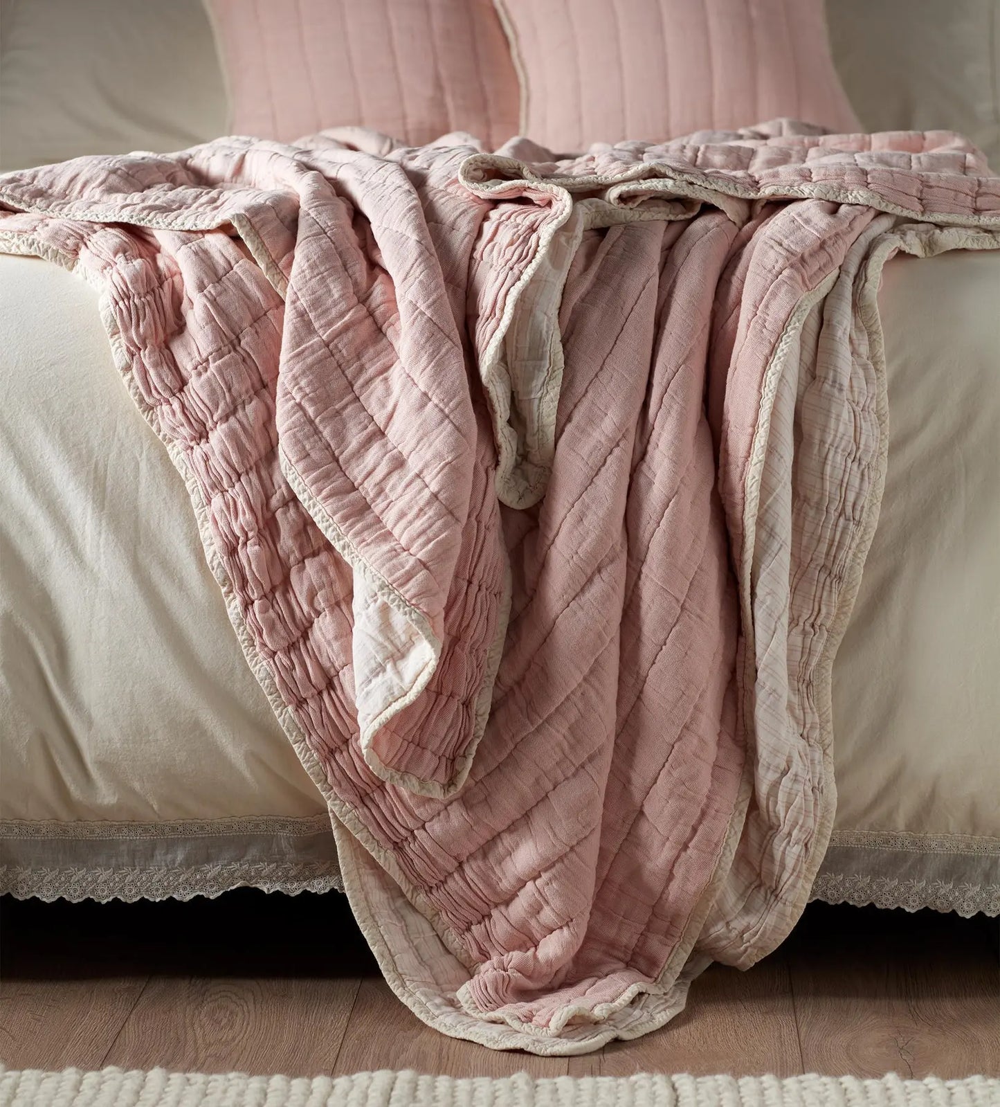 Blush Pink Vivienne 100% Cotton Quilted Throw The Secret Linen Store