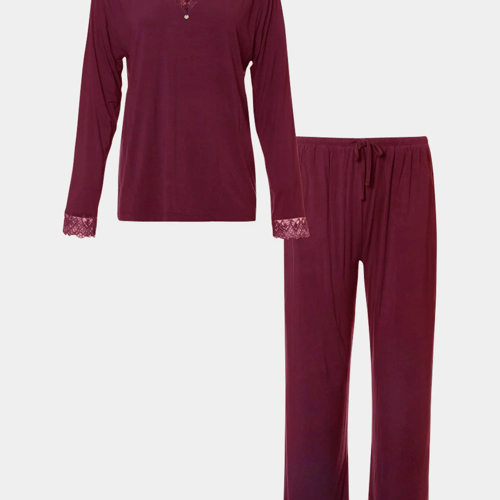 Bordeaux Bamboo Lace V-Neck Pyjama Set Pretty You London