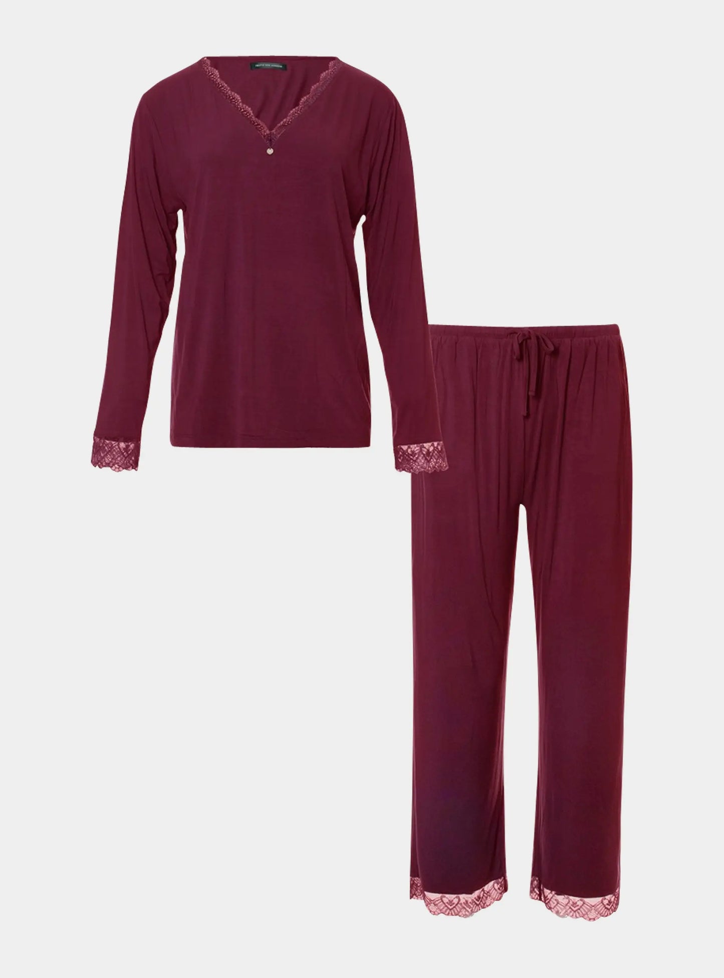 Bordeaux Bamboo Lace V-Neck Pyjama Set Pretty You London