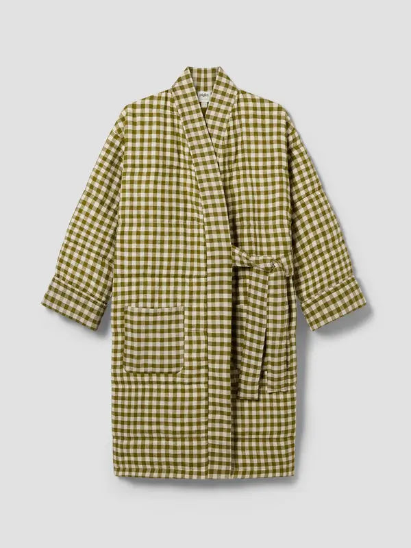 Botanical Green Gingham Linen Blend Housecoat Piglet
