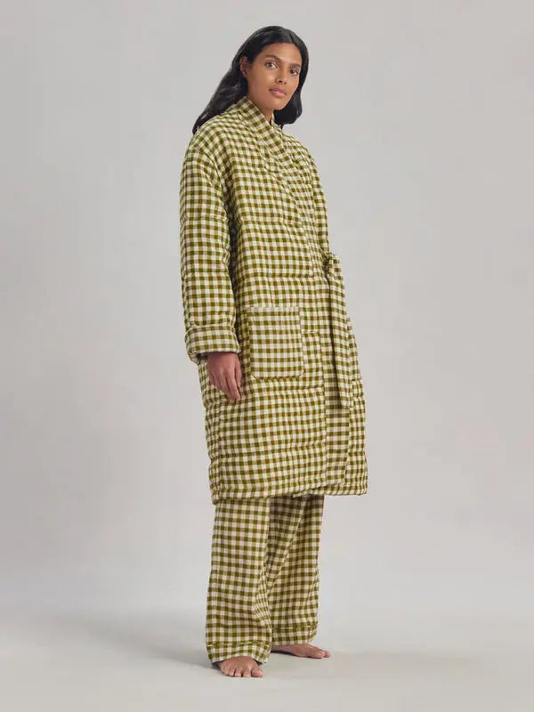 Botanical Green Gingham Linen Blend Housecoat Piglet