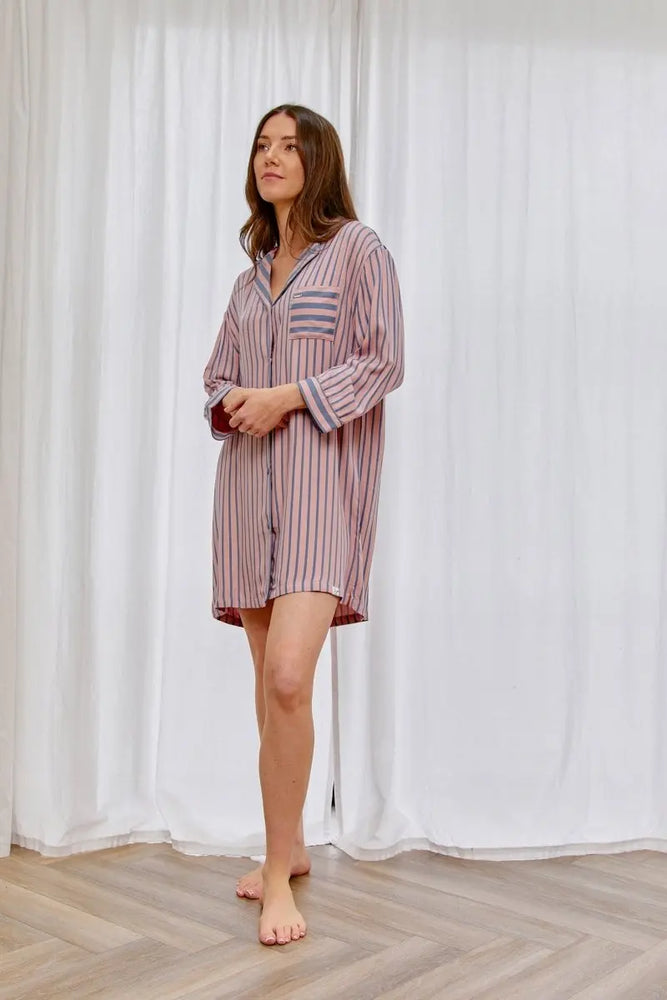 Boyfriend Stripe Nightshirt in Pink/Grey Pretty You London
